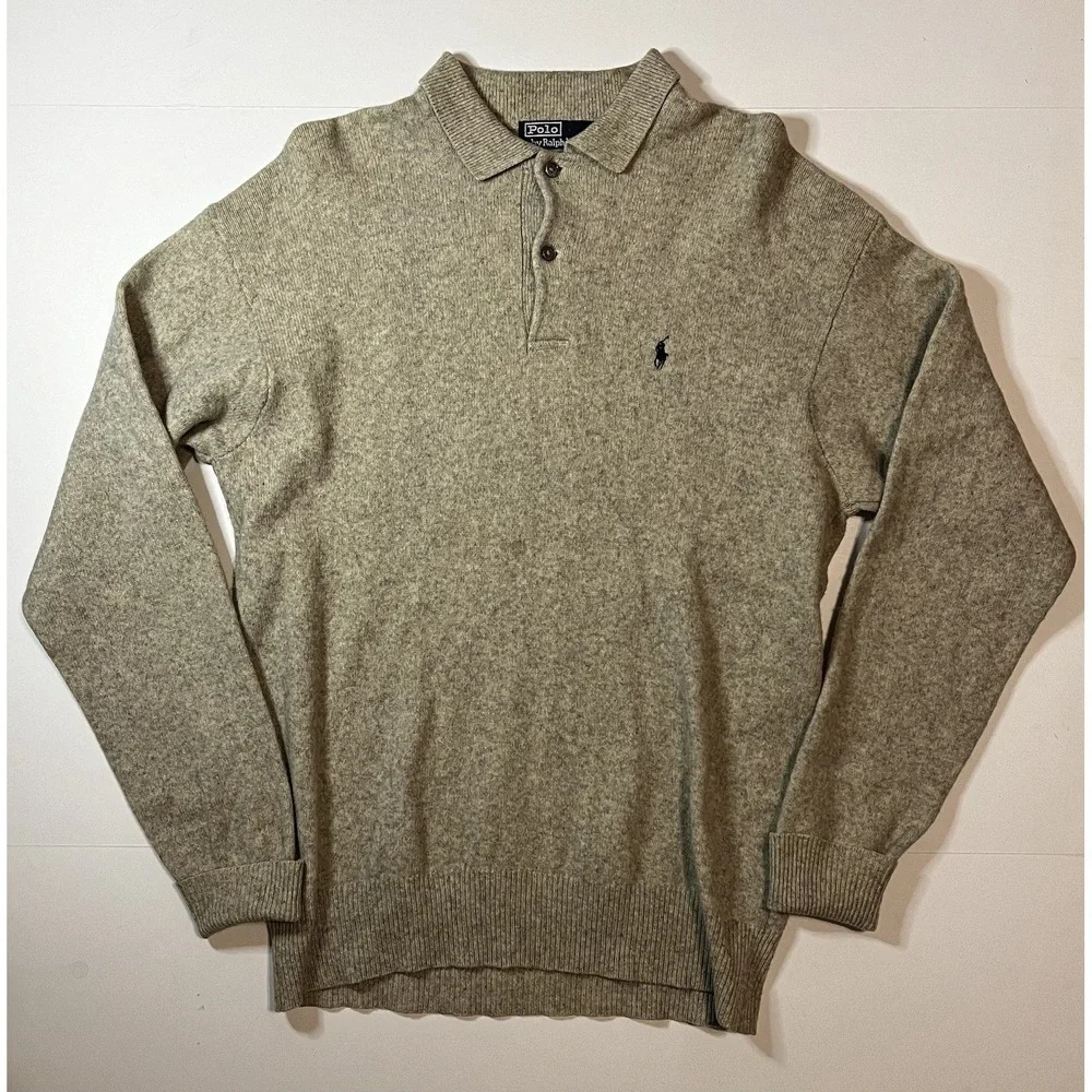 Vintage Polo Ralph Lauren 100% Lambswool Sweater 1/4 Button Grey Size Large